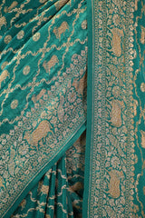 Green Crepe Banarasi Silk Saree with Pichwai Floral Work