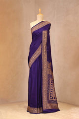 Deep Purple Banarasi Crepe Silk Saree with Antique Zari Border and Paisley Pallu