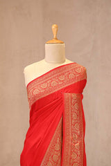 Red Banarasi Crepe Silk Saree with Antique Zari Border