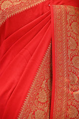 Red Banarasi Crepe Silk Saree with Antique Zari Border