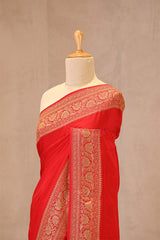 Red Banarasi Crepe Silk Saree with Antique Zari Border