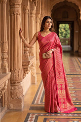 Pink Crepe Banarasi Khaddi Saree with Grand Floral Pallu