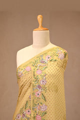 Yellow Crepe Silk Saree with Zari Buti & Resham Border