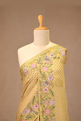 Yellow Crepe Silk Saree with Zari Buti & Resham Border