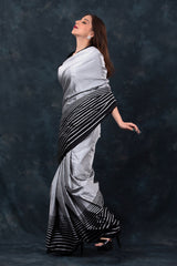 Grey & Black Striped Handwoven Satin Silk Saree