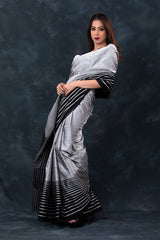 Grey & Black Striped Handwoven Satin Silk Saree