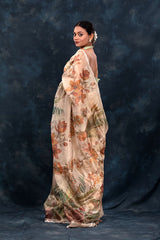 Beige Floral Printed Embellished Tissue Silk Saree - Chinaya Banaras