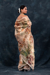 Beige Floral Printed Embellished Tissue Silk Saree - Chinaya Banaras