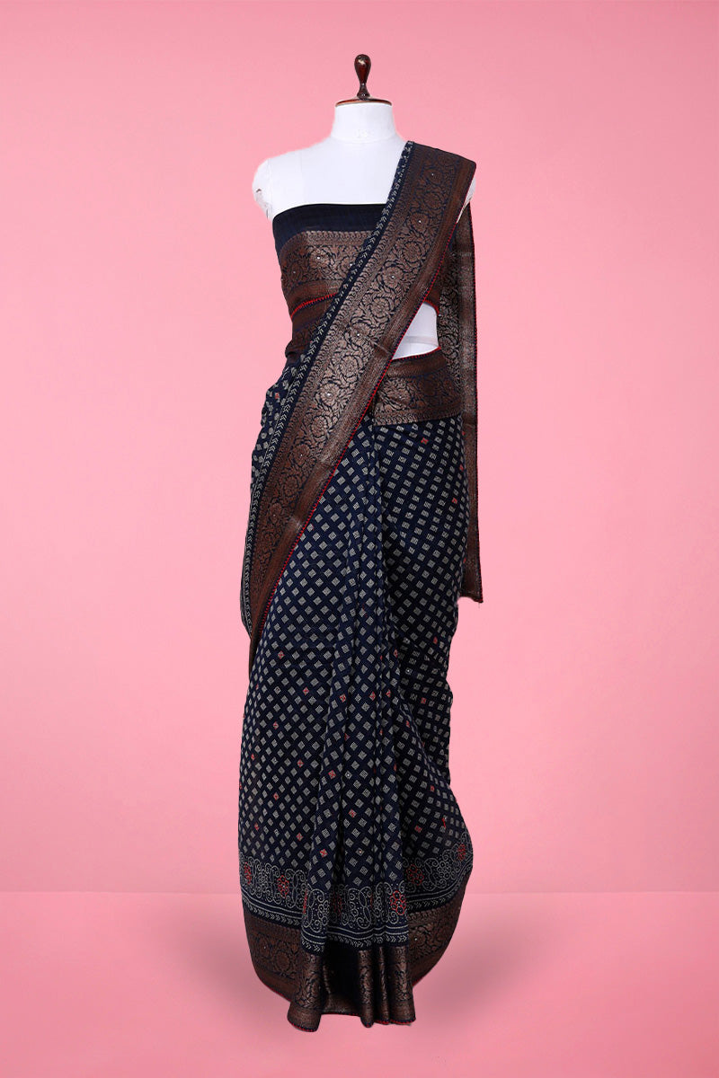 Navy Blue Chanderi Silk Saree with Stitched Blouse
