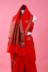 Red Handwoven Chanderi Silk Saree - Chinaya Banaras