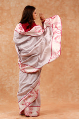 Pink & Grey Kantha Embroidered Chanderi Silk Saree