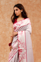 Pink & Grey Kantha Embroidered Chanderi Silk Saree