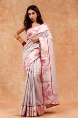 Pink & Grey Kantha Embroidered Chanderi Silk Saree