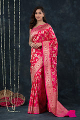 This Pink Floral Banarasi Katan Silk Saree is a wedding saree and festive wear saree. Free Shipping Available!