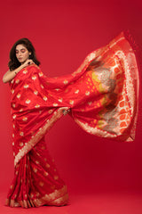 Red Kadhwa Woven Banarasi Katan Silk Saree - Chinaya Banaras