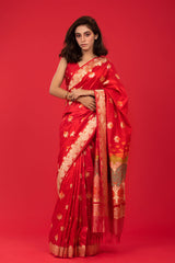 This Red Kadhwa Handloom Katan Silk Banarasi Saree is a wedding saree and festive wear saree. Free Shipping Available!