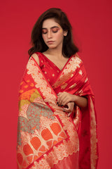 Red Kadhwa Woven Banarasi Katan Silk Saree - Chinaya Banaras