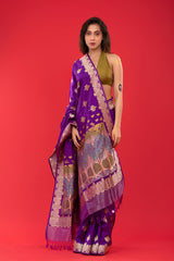 This Violet Kadhwa Handloom Katan Silk Banarasi Saree is a wedding saree and festive wear saree. Free Shipping Available!