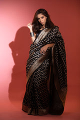 This Black Striped Handloom Banarasi Saree is a wedding saree and festive wear saree. Free Shipping Available!