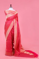 This Rose Pink Handloom Katan Silk Banarasi Saree is a wedding saree and festive wear saree. Free Shipping Available!