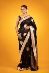Black Sonarupa Handwoven Banarasi Satin Silk Saree - Chinaya Banaras