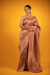Rust Peach Geometrical Woven Katan Silk Saree - Chinaya Banaras