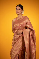 Rust Peach Geometrical Woven Katan Silk Saree - Chinaya Banaras