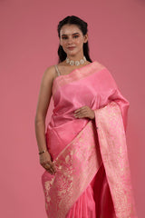 Rose Pink Ethnic Handwoven Banarasi Satin Silk Saree - Chinaya Banaras