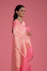 Rose Pink Ethnic Handwoven Banarasi Satin Silk Saree - Chinaya Banaras
