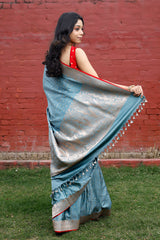 Metallic Blue Handloom Satin Silk Banarasi Saree
