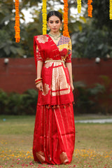 This Bright Red Handloom Banarasi Silk Saree is a wedding saree and festive wear saree. Free Shipping Available!