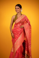 Salmon Pink Handwoven Organza Silk Saree - Chinaya Banaras