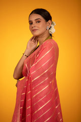 Salmon Pink Handwoven Organza Silk Saree - Chinaya Banaras