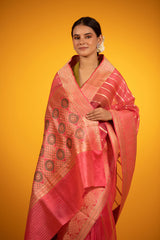 Salmon Pink Handwoven Organza Silk Saree - Chinaya Banaras