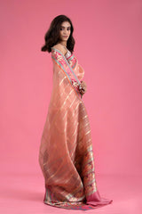 Pastel Peach Striped Handwoven Organza Silk Saree - Chinaya Banaras