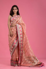 Peach saree, organza saree, Bollywood saree, Banarasi saree, party wear saree, Wedding Saree