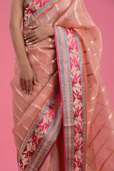 Pastel Peach Striped Handwoven Organza Silk Saree - Chinaya Banaras