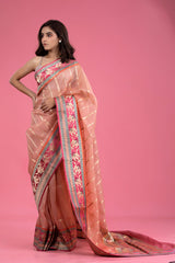 Pastel Peach Striped Handwoven Organza Silk Saree - Chinaya Banaras