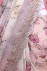White & Lilac Floral Printed Organza Silk Saree - Chinaya Banaras