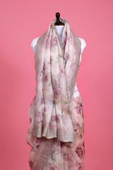 White & Lilac Floral Printed Organza Silk Saree - Chinaya Banaras