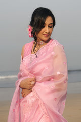 Divya Mary Cyriac in Rose Pink Applique Organza Silk Saree
