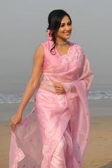 Divya Mary Cyriac in Rose Pink Applique Organza Silk Saree