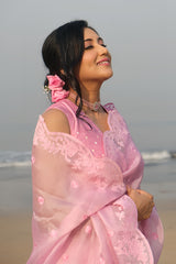Divya Mary Cyriac in Rose Pink Applique Organza Silk Saree