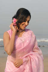 Divya Mary Cyriac in Rose Pink Applique Organza Silk Saree