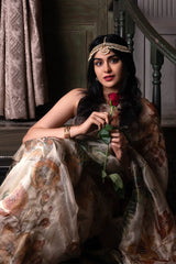 Adah Sharma in Beige Floral Printed Embellished Tissue Silk Saree