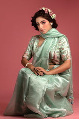 Aqua Blue Embellished Tissue Silk Saree - Chinaya Banaras