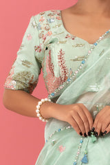 Aqua Blue Marine Embellished Tissue Silk Saree
