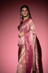 Pastel Pink Ethnic Handwoven Organza Silk Saree - Chinaya Banaras