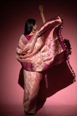 Pastel Pink Ethnic Handwoven Organza Silk Saree - Chinaya Banaras