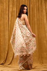 Off White Floral Embroidered Tissue Silk saree